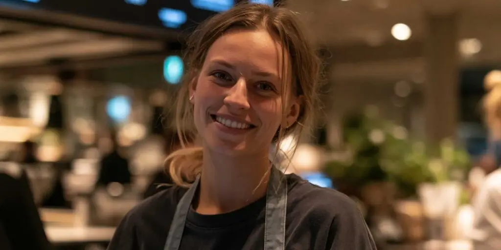 Smilende servitør i mørk t-skjorte og forkle står i en moderne restaurant med varm belysning og uskarpe lys i bakgrunnen.
