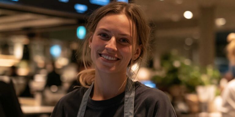 Smilende servitør i mørk t-skjorte og forkle står i en moderne restaurant med varm belysning og uskarpe lys i bakgrunnen.